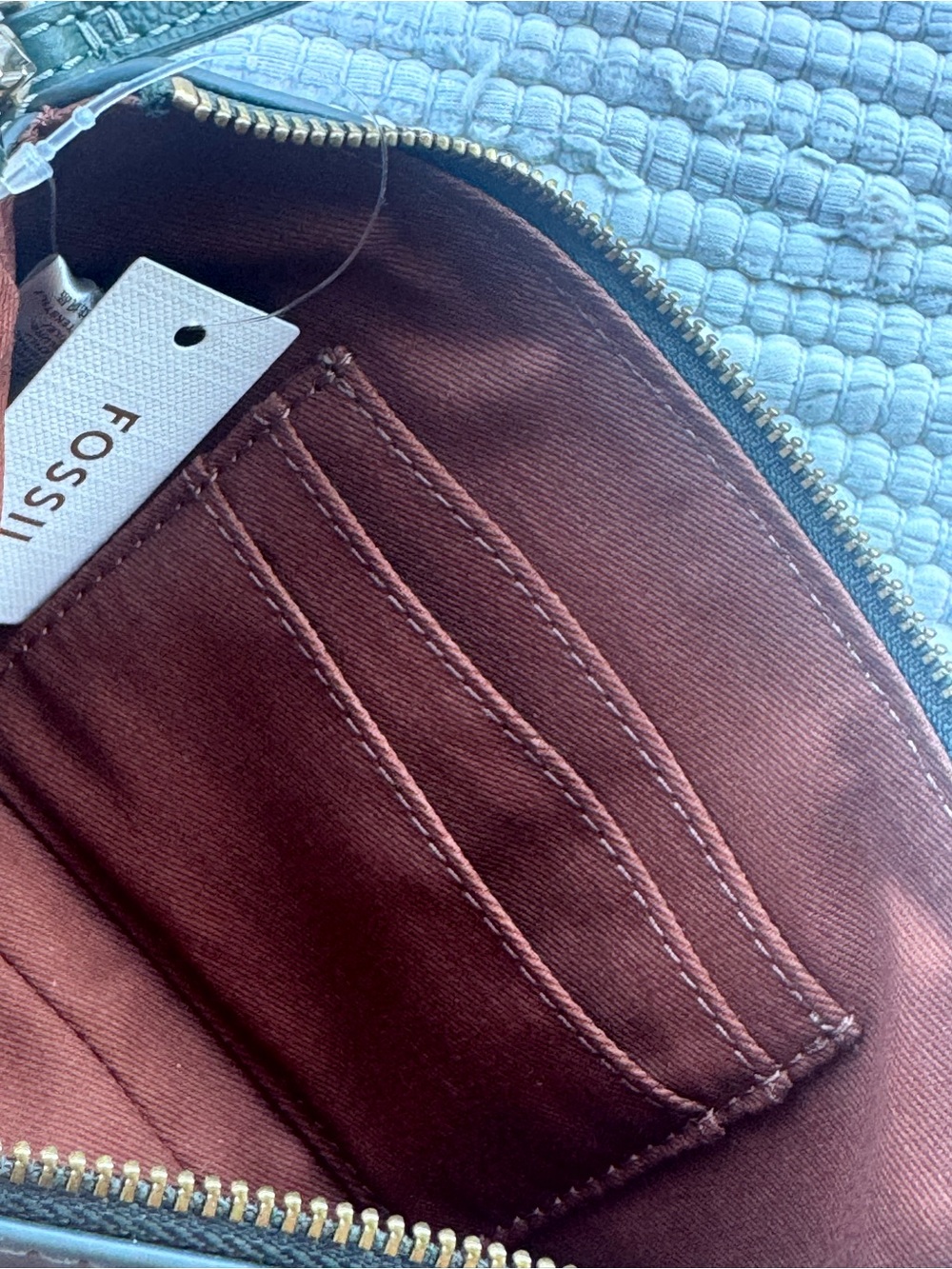 Fossil Logan RFID Zip Wristlet Viridian Green Structured Leather NWT - Picture 7 of 12